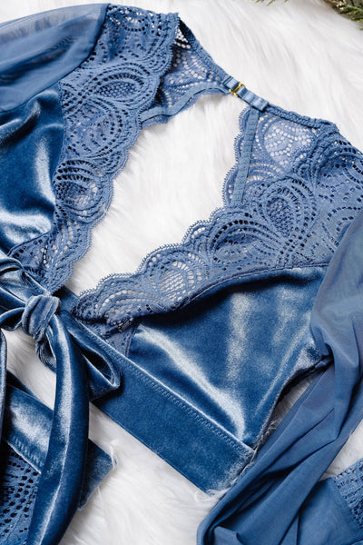 Lacy Velvet Bell Sleeve Bralette - Winter Blue - Mentionables