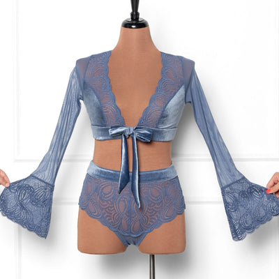 Lacy Velvet Bell Sleeve Bralette - Winter Blue - Mentionables