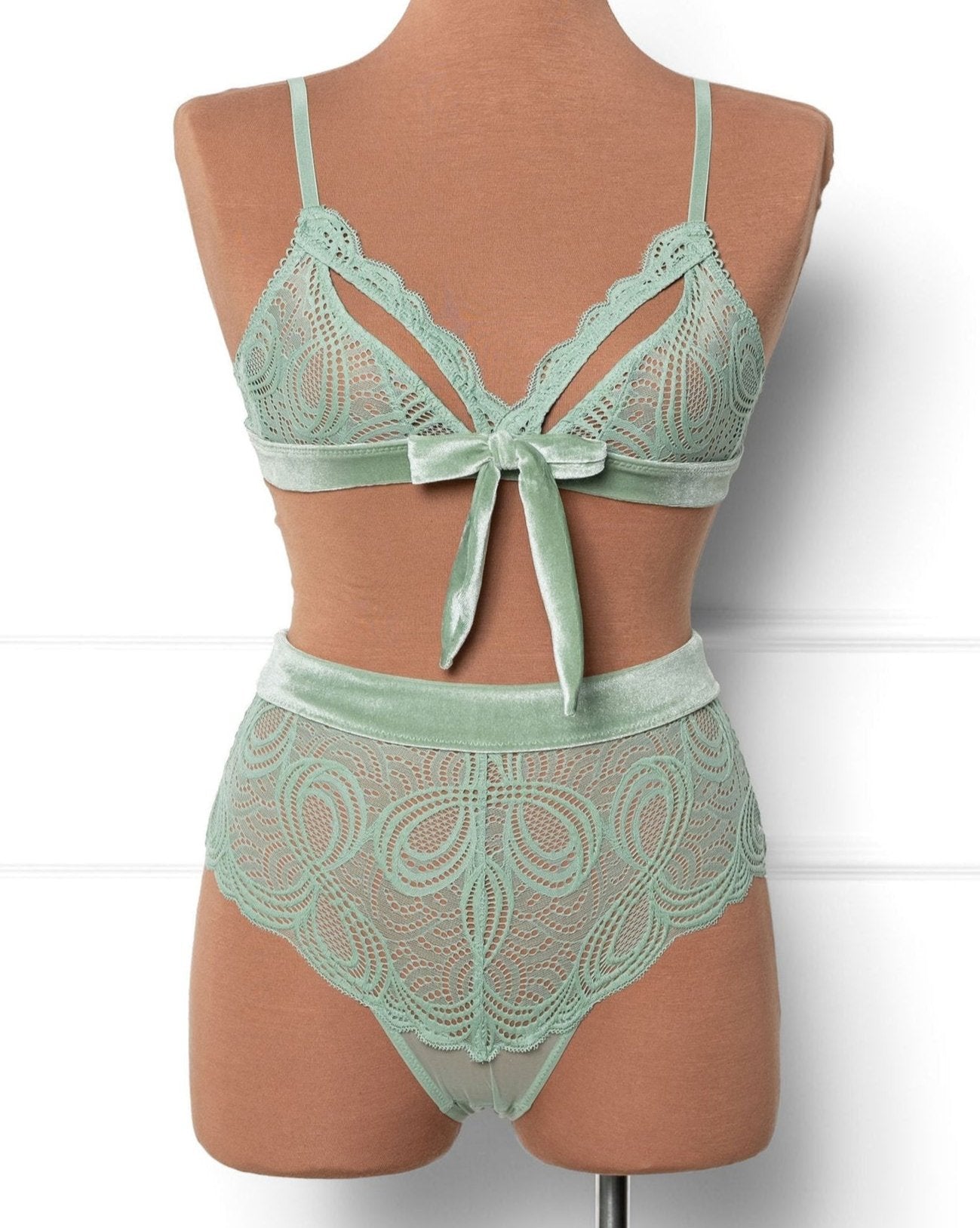 Lacy Velvet High Waist Crotchless Panty - Misty Jade - Mentionables