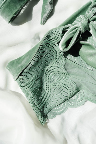 Lacy Velvet High Waist Crotchless Panty - Misty Jade - Mentionables