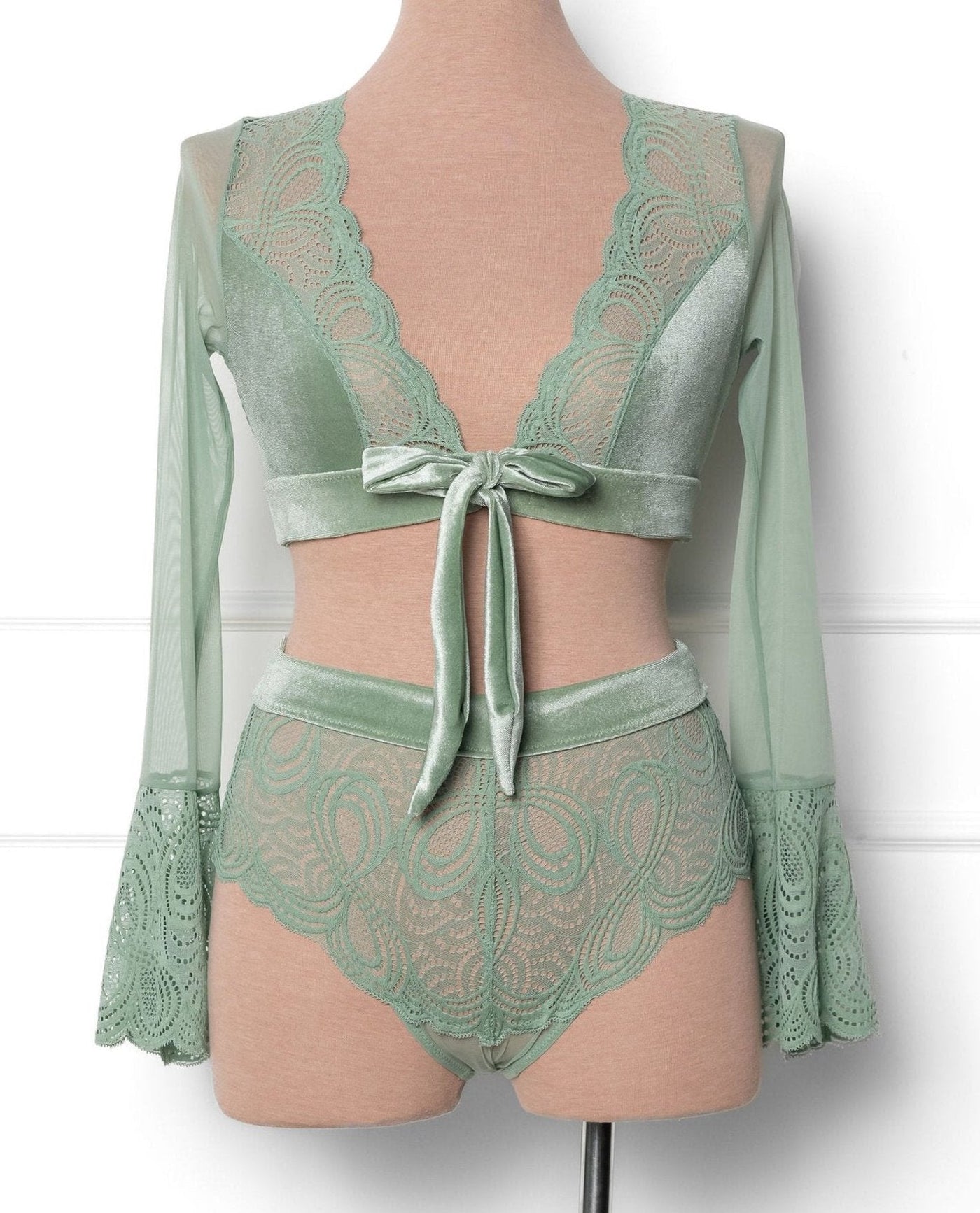 Lacy Velvet High Waist Crotchless Panty - Misty Jade - Mentionables