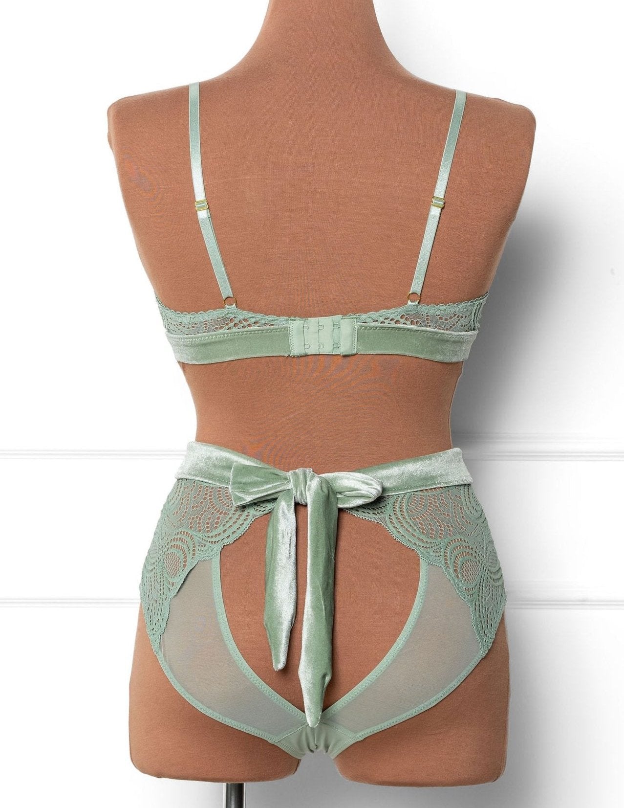 Lacy Velvet High Waist Crotchless Panty - Misty Jade - Mentionables