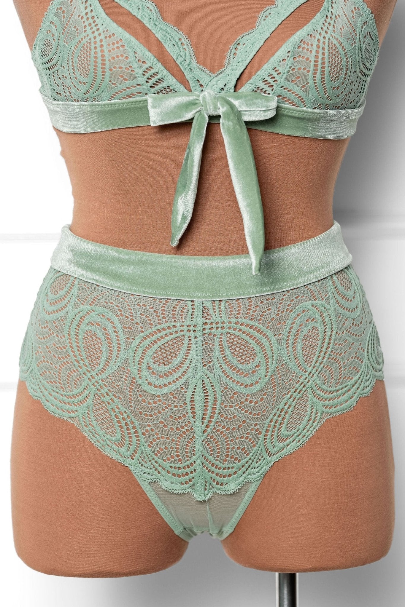 Lacy Velvet High Waist Crotchless Panty - Misty Jade - Mentionables