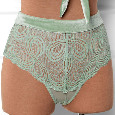 Lacy Velvet High Waist Crotchless Panty - Misty Jade - Mentionables