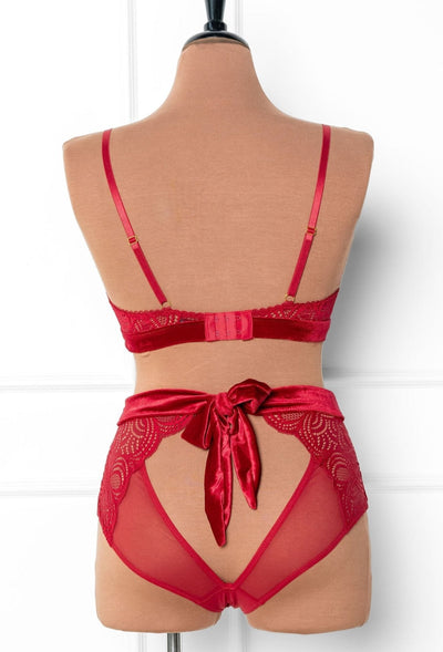 Lacy Velvet High Waist Crotchless Panty - Red - Mentionables