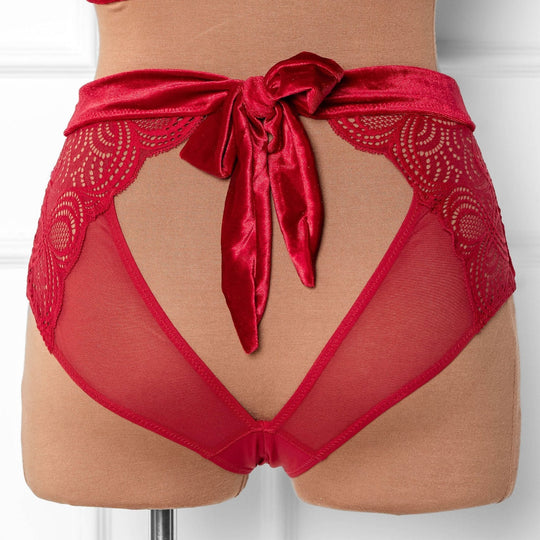 Lacy Velvet High Waist Crotchless Panty - Red - Mentionables