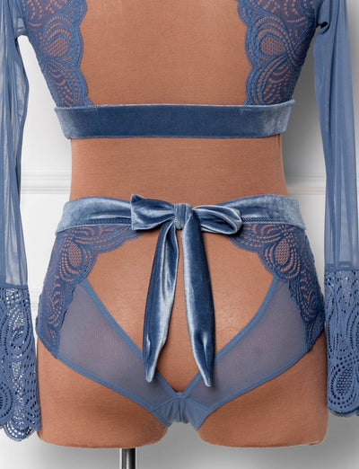 Lacy Velvet High Waist Crotchless Panty - Winter Blue - Mentionables