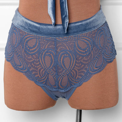 Lacy Velvet High Waist Crotchless Panty - Winter Blue - Mentionables