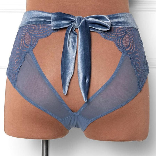 Lacy Velvet High Waist Crotchless Panty - Winter Blue - Mentionables