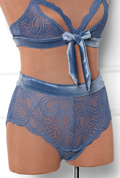 Lacy Velvet High Waist Crotchless Panty - Winter Blue - Mentionables