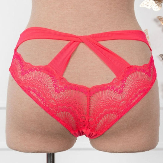 Lace & Mesh Crotchless Panty - Coral Glow - Mentionables