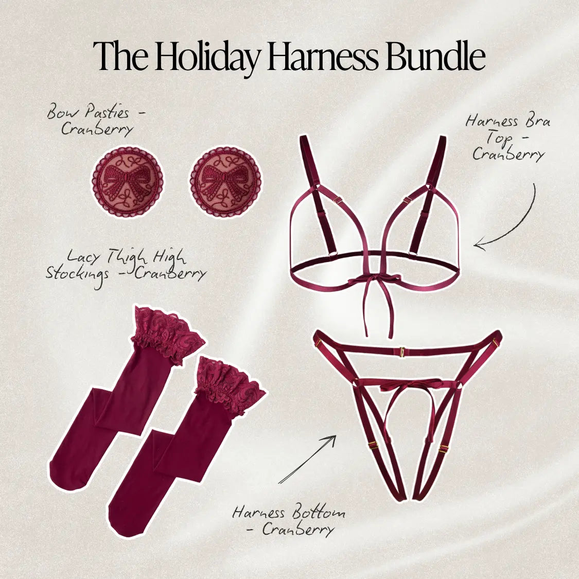 The Holiday Harness Bundle featuring a cranberry-themed lingerie set on a textured cream background. The set includes a cranberry harness bra top, matching harness bottom, lace thigh-high stockings, and decorative bow pasties, with handwritten labels pointing to each item.