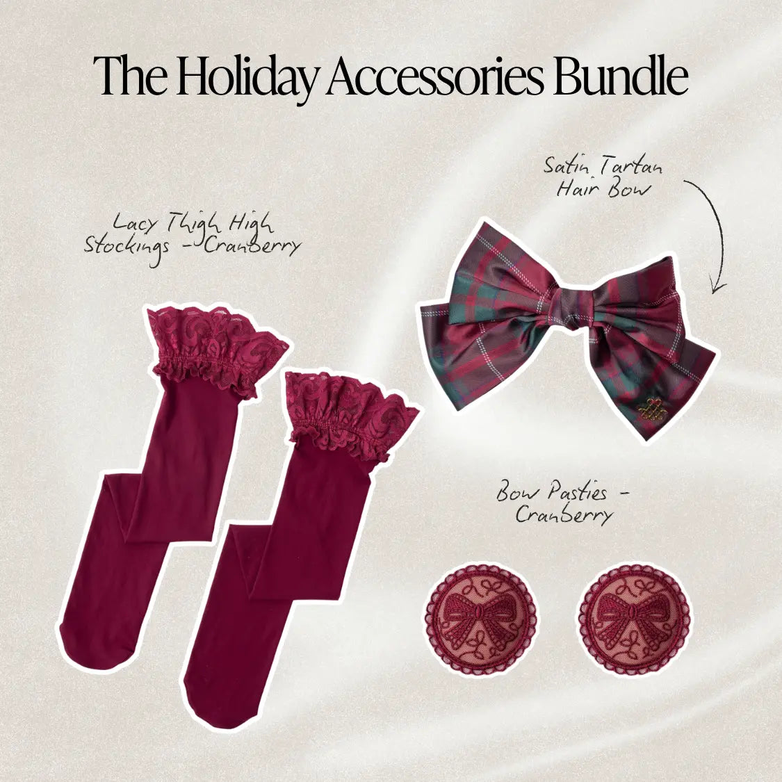 Graphic showing the Holiday Accessories Bundle which includes cranberry thigh high stockings, a womens satin tartan hair bow, and cranberry red embroidered reusable pasties bow nipple covers.