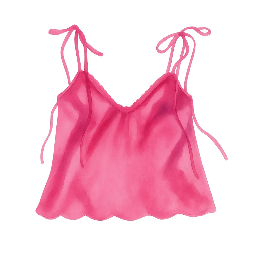 Watercolor artwork showing A bright pink sheer camisole top with thin adjustable tie straps and a scalloped hem, shown against a plain white background.