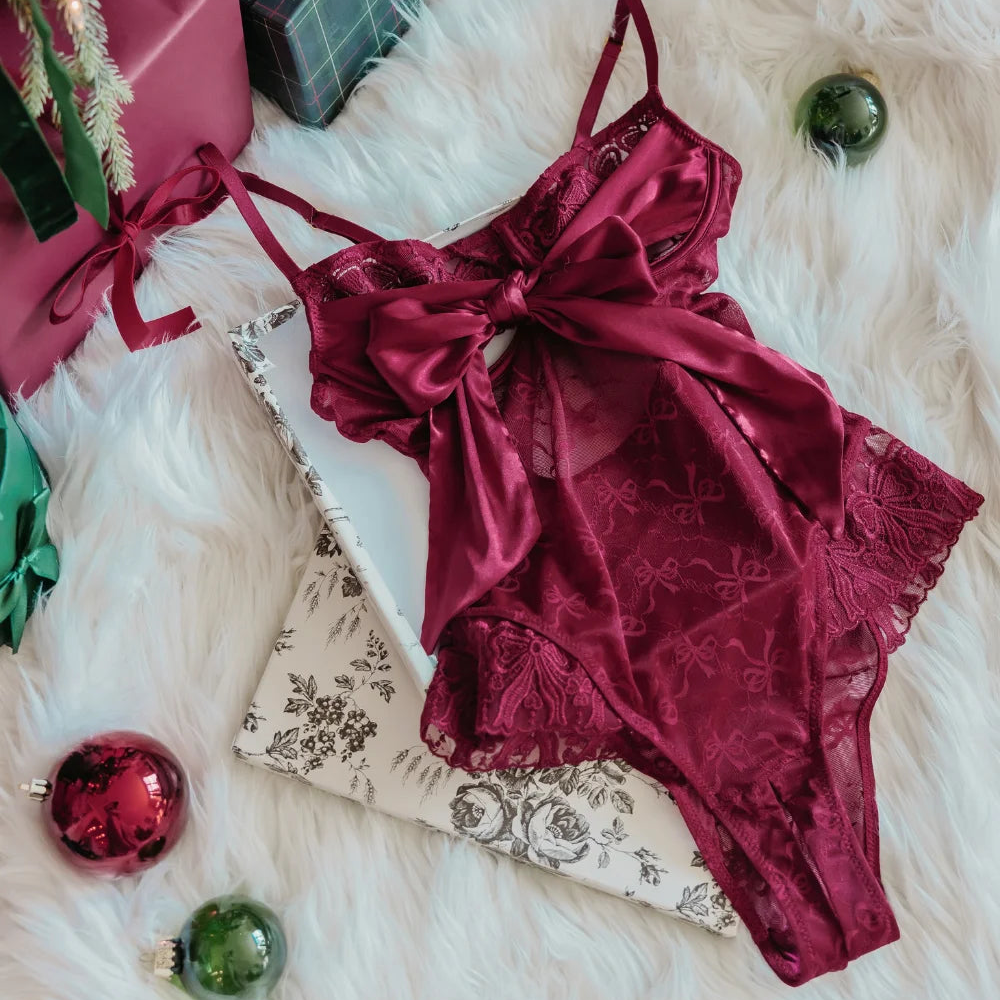 Women's Lacy Satin Crotchless Bow Teddy | Mentionables Lingerie