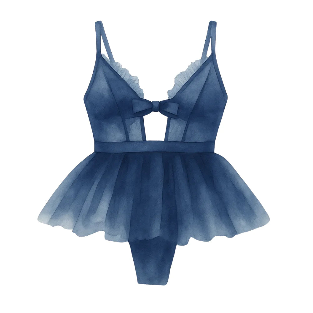 A watercolor illustration of a babydoll lingerie piece in a dusty blue shade, featuring a ruffled sweetheart neckline, a central bow, and a tiered tulle skirt.