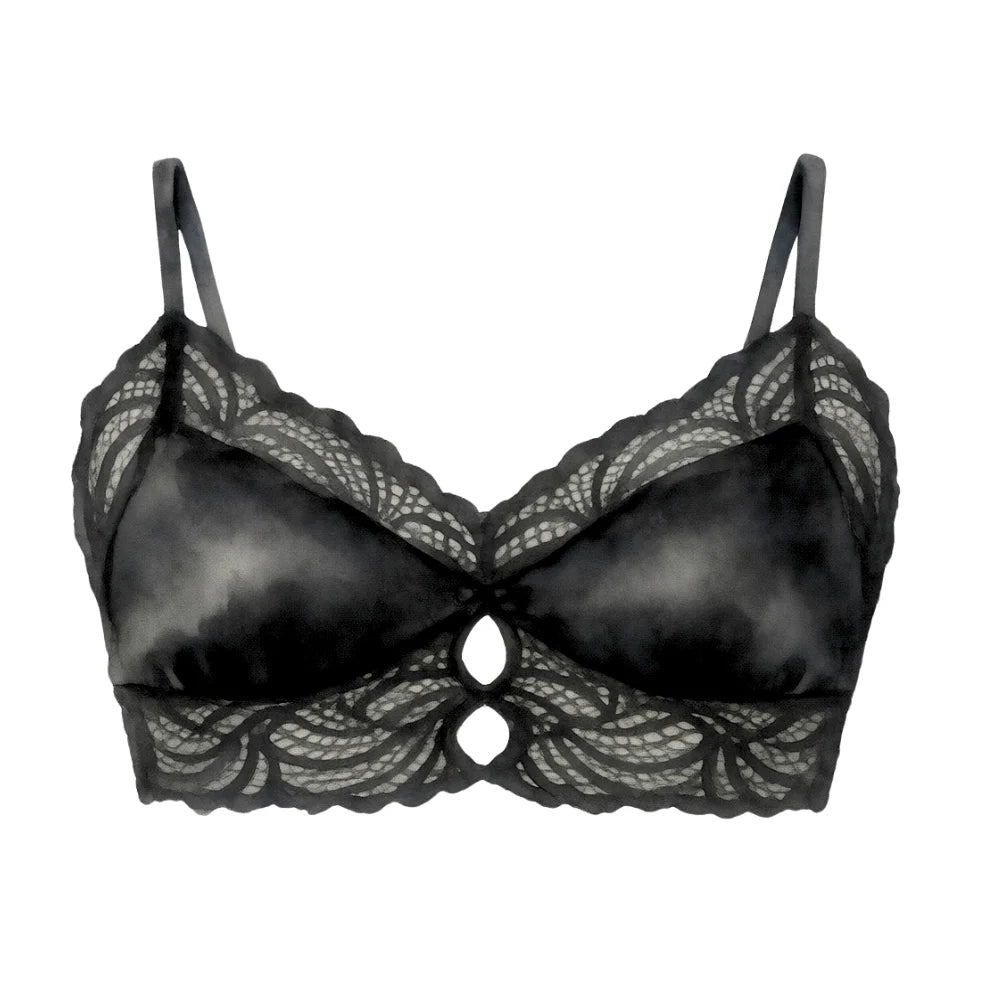 Watercolor artwork showing a  Black lace and satin bralette with thin adjustable straps and a decorative cutout at the center front, shown against a plain white background.
