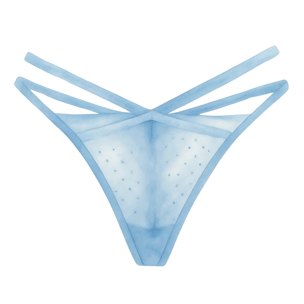 Watercolor artwork showing a Light blue sheer mesh thong with a dotted pattern and multi-strap back design, shown against a plain white background.
