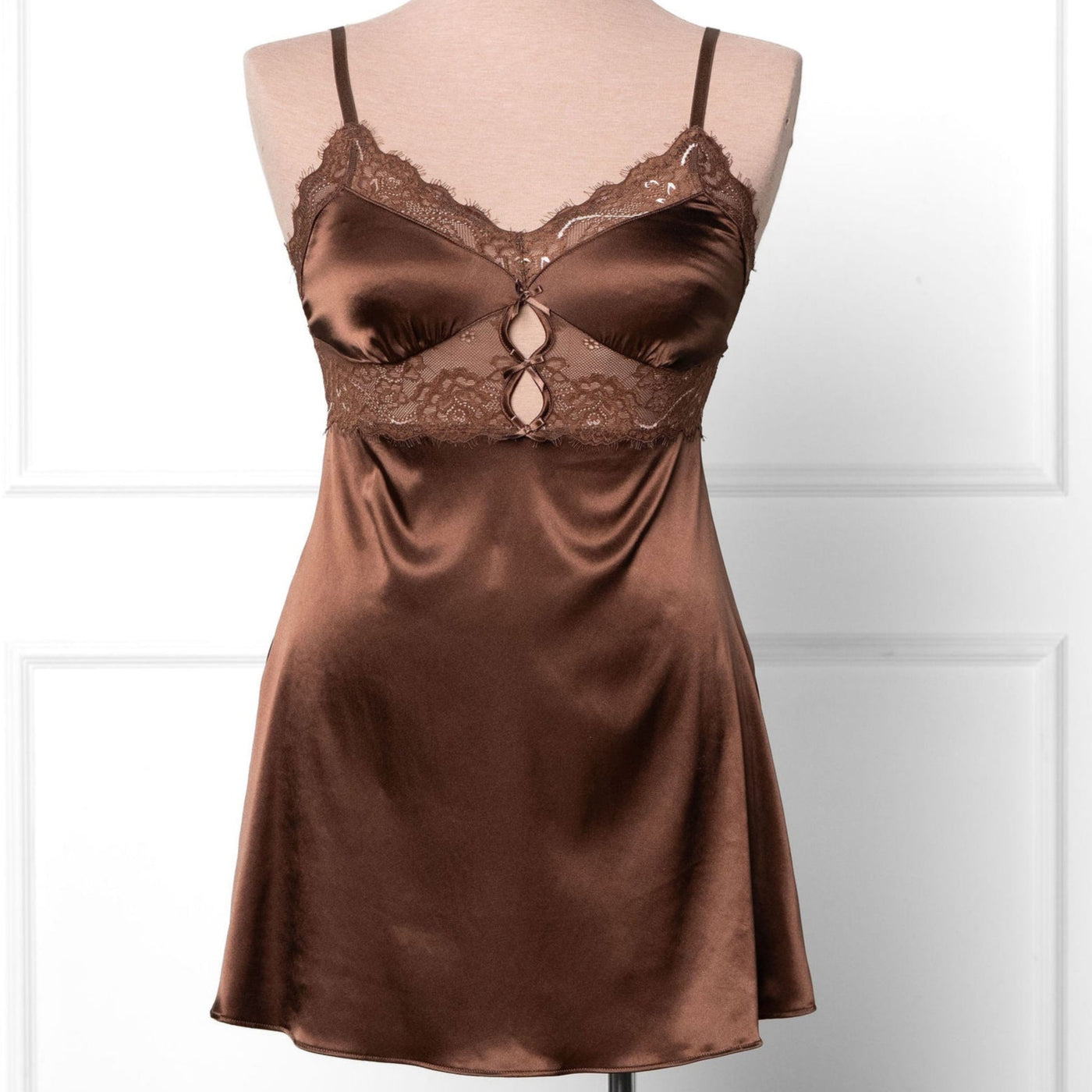 Satin & Eyelash Lace Slip - Chocolate