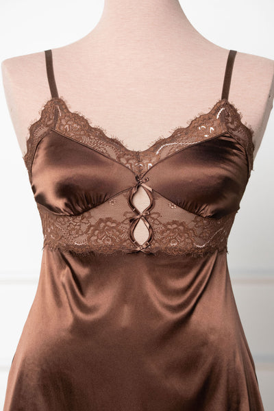 Satin & Eyelash Lace Slip - Chocolate