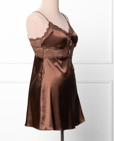 Satin & Eyelash Lace Slip - Chocolate