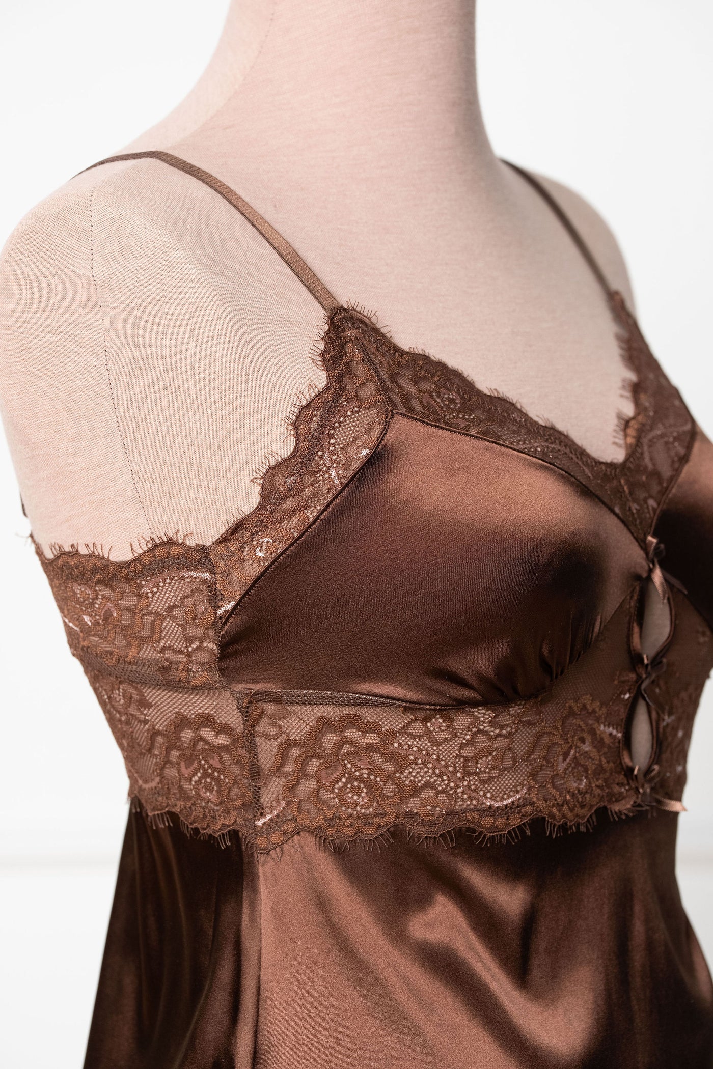 Satin & Eyelash Lace Slip - Chocolate