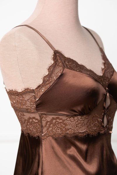 Satin & Eyelash Lace Slip - Chocolate