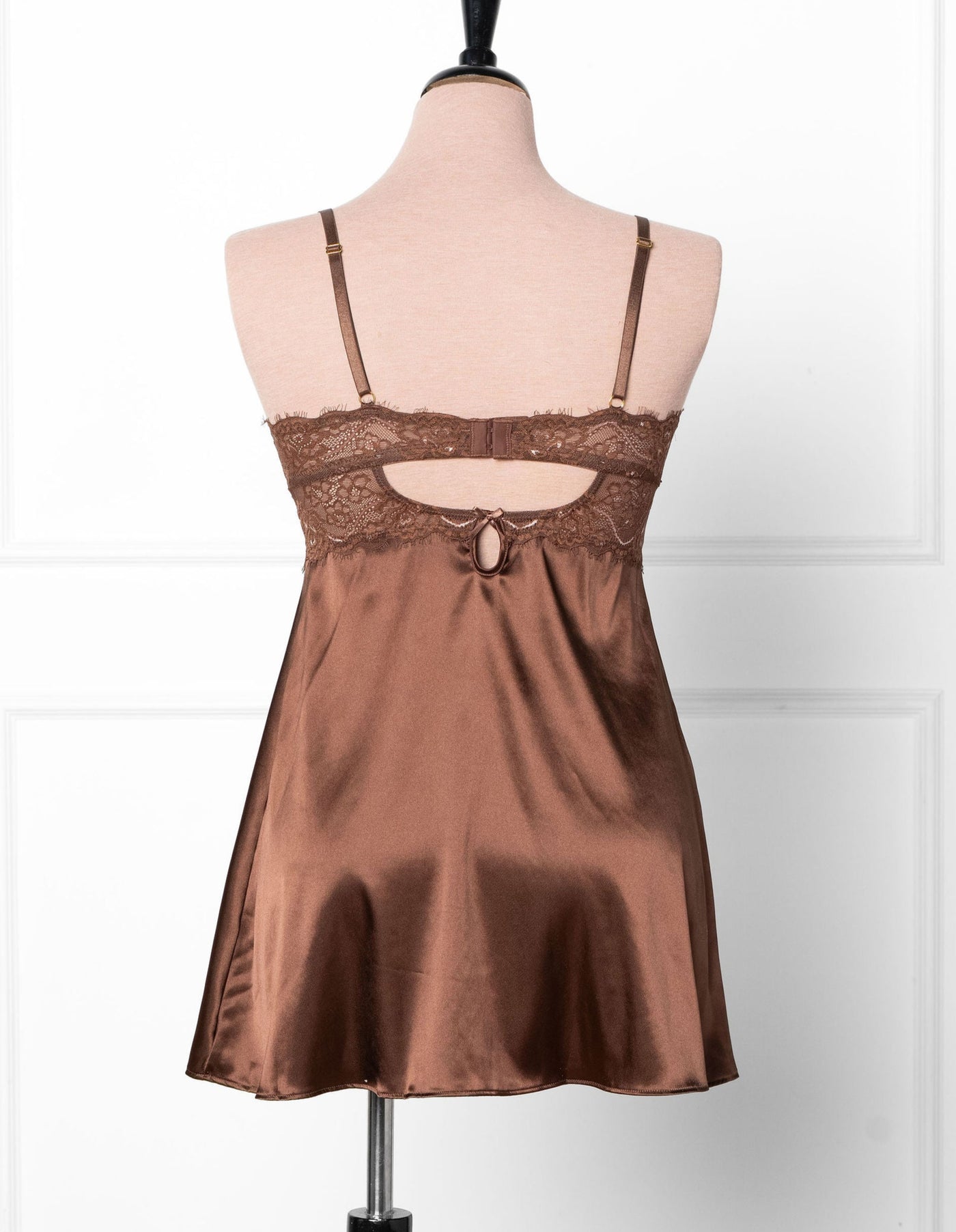 Satin & Eyelash Lace Slip - Chocolate