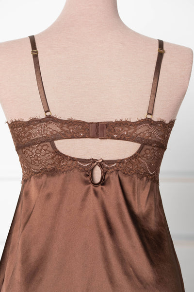 Satin & Eyelash Lace Slip - Chocolate