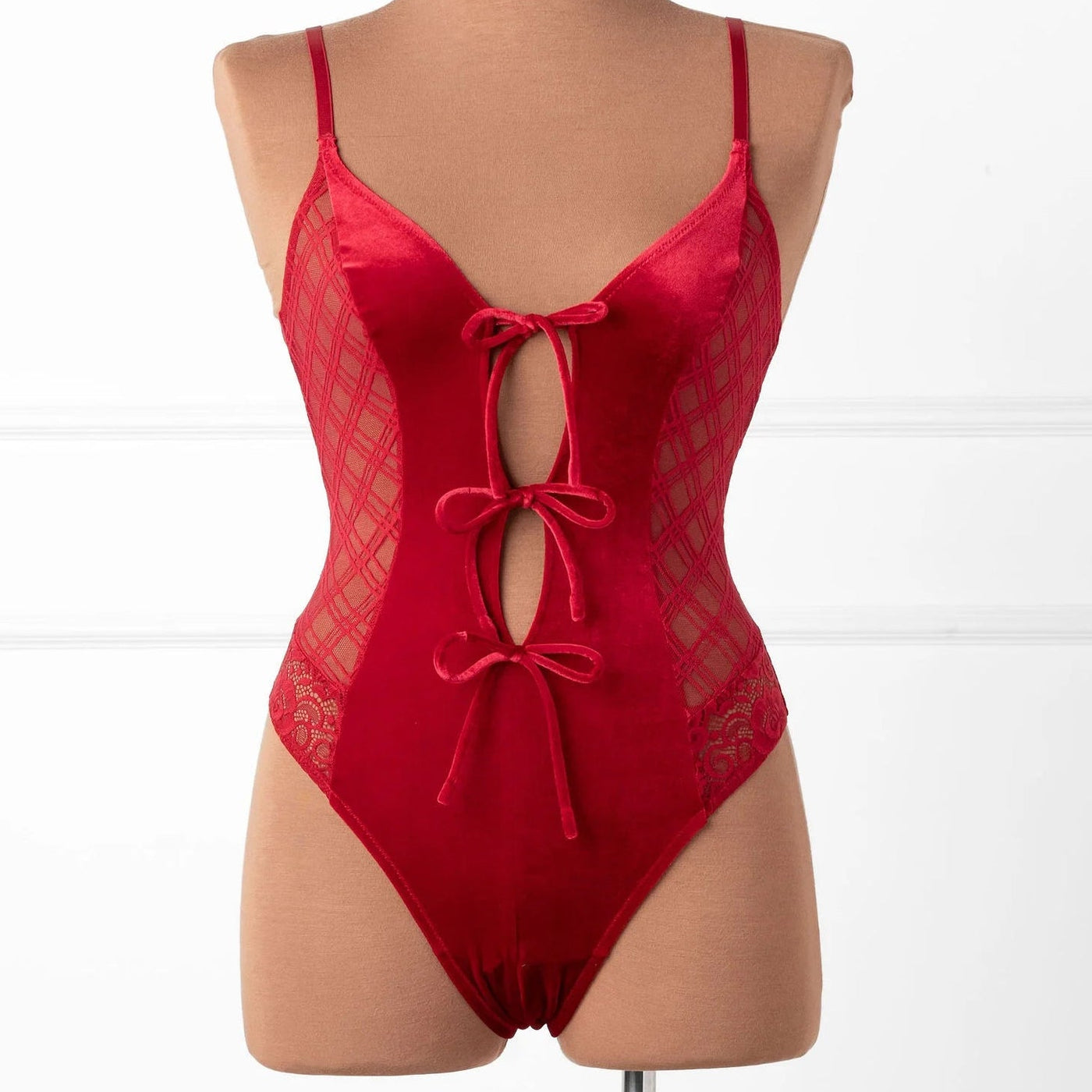 Lace & Velvet Crotchless Teddy - Red