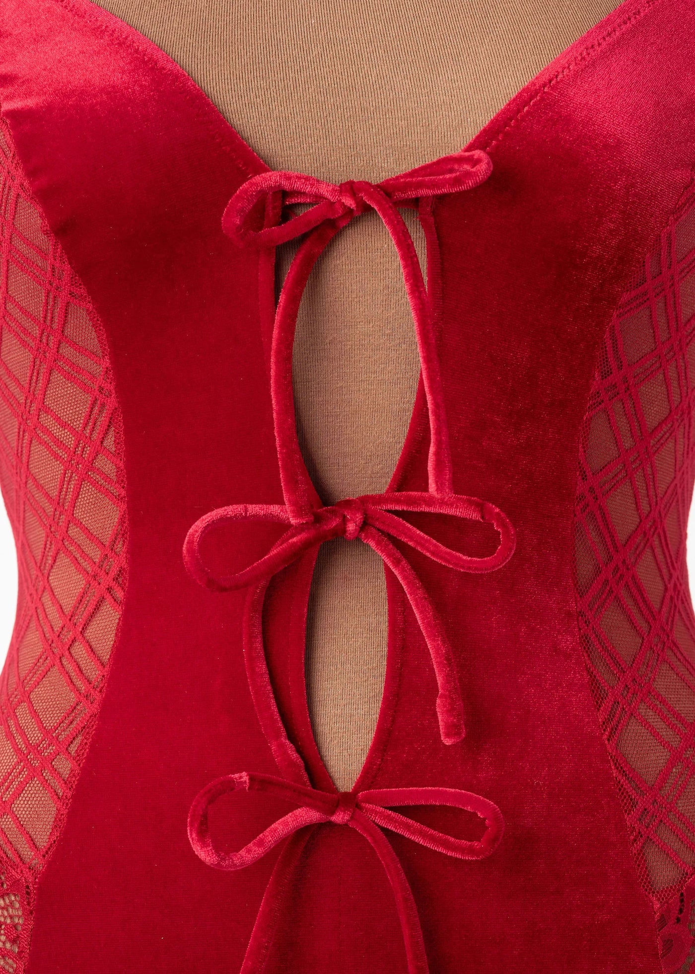 Lace & Velvet Crotchless Teddy - Red