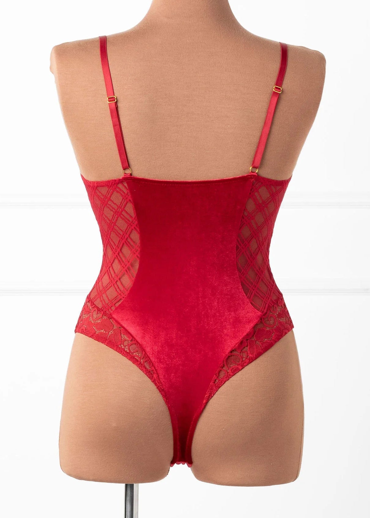 Lace & Velvet Crotchless Teddy - Red