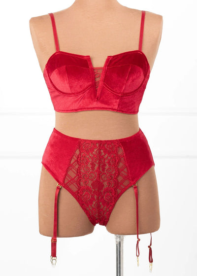 High Waist Velvet Crotchless Garter Panty - Red