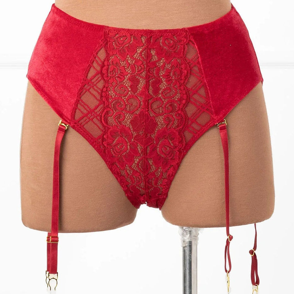 High Waist Velvet Crotchless Garter Panty - Red