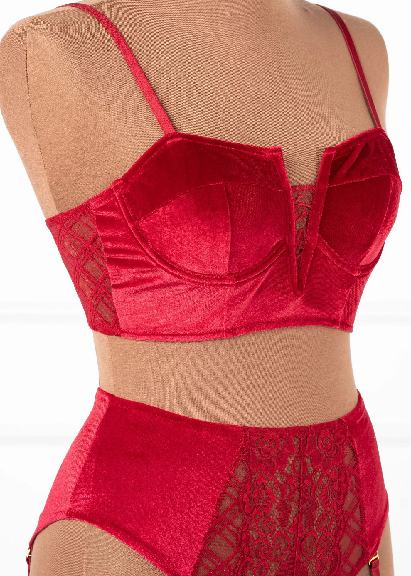 High Waist Velvet Crotchless Garter Panty - Red
