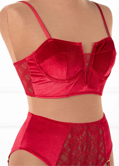 High Waist Velvet Crotchless Garter Panty - Red