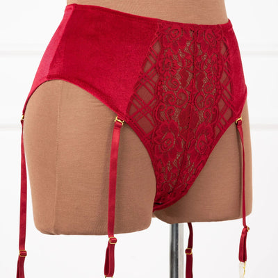 High Waist Velvet Crotchless Garter Panty - Red