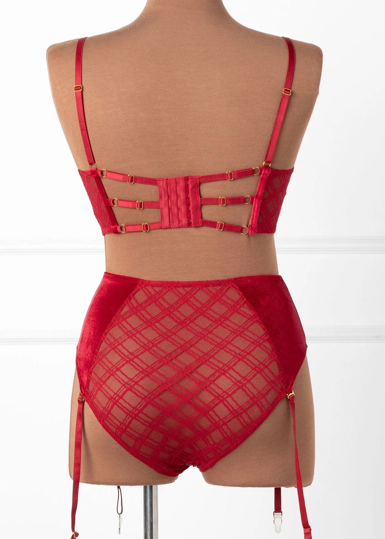 High Waist Velvet Crotchless Garter Panty - Red