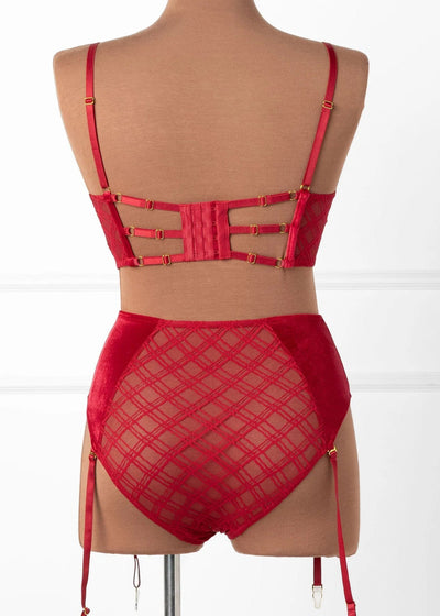 High Waist Velvet Crotchless Garter Panty - Red