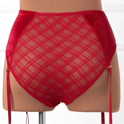 High Waist Velvet Crotchless Garter Panty - Red