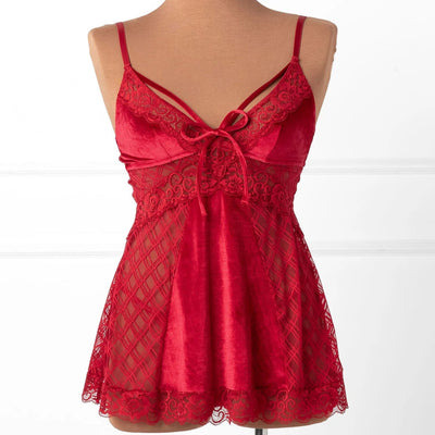 Lace & Velvet Strappy Babydoll - Red