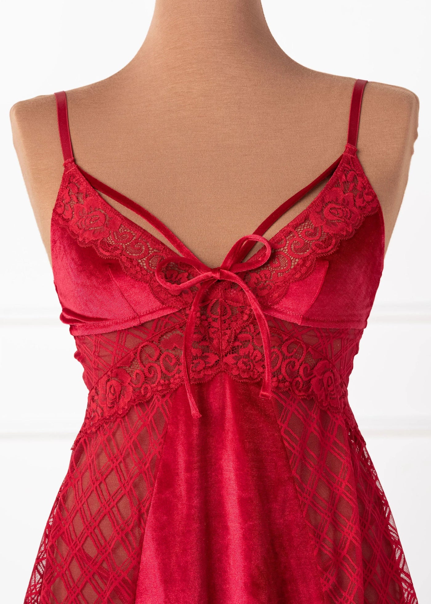 Lace & Velvet Strappy Babydoll - Red
