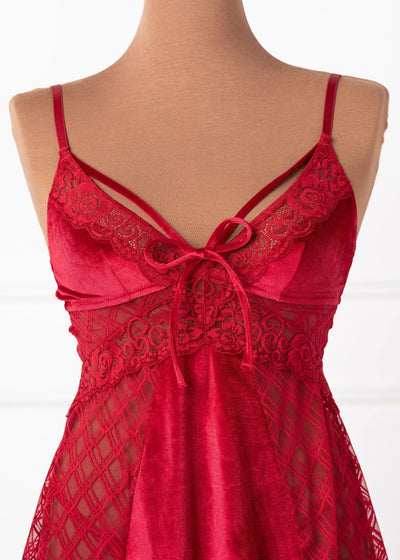 Lace & Velvet Strappy Babydoll - Red