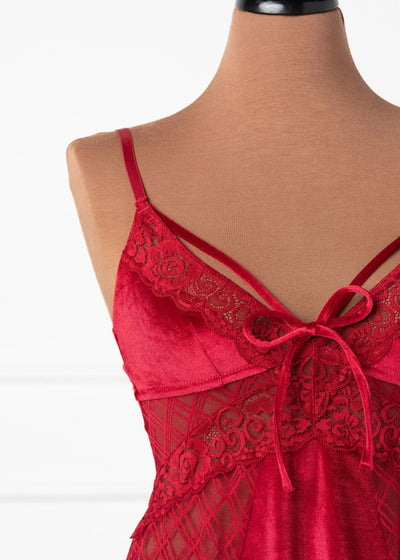 Lace & Velvet Strappy Babydoll - Red