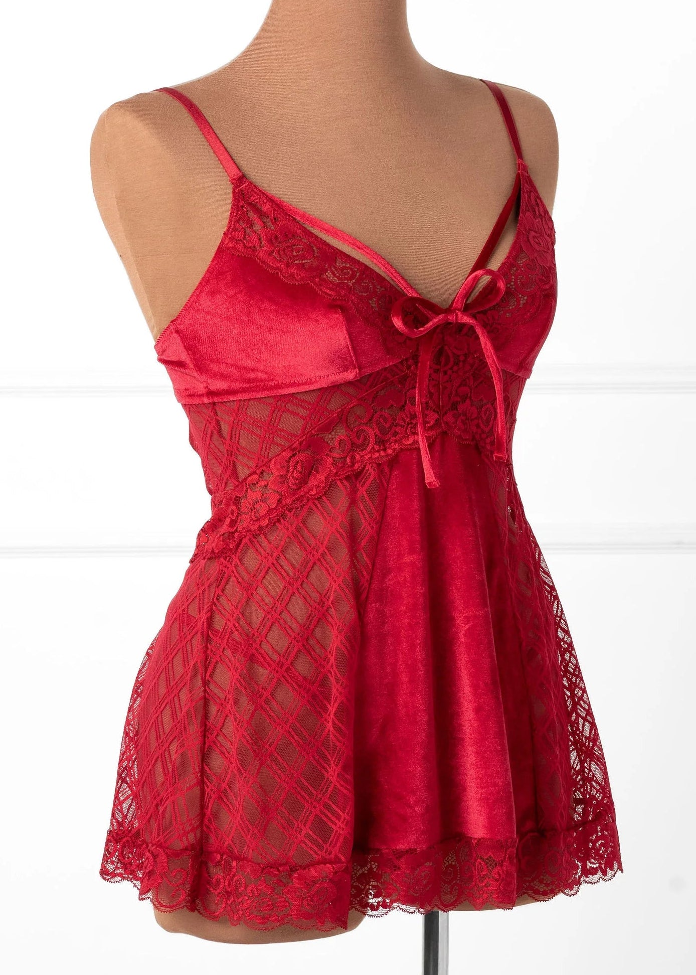 Lace & Velvet Strappy Babydoll - Red