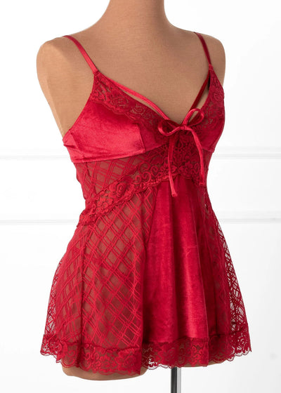 Lace & Velvet Strappy Babydoll - Red