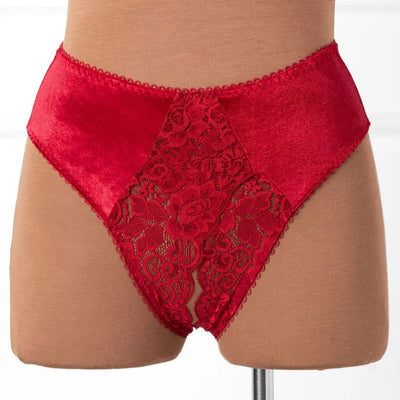 Lace & Velvet Crotchless Hipster Panty - Red
