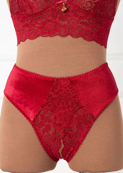 Lace & Velvet Crotchless Hipster Panty - Red