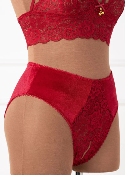 Lace & Velvet Crotchless Hipster Panty - Red