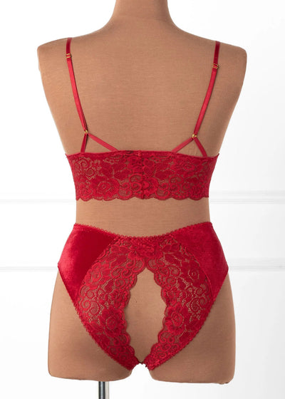 Lace & Velvet Crotchless Hipster Panty - Red
